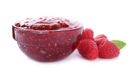 Delicious jam and fresh raspberries isolated on white