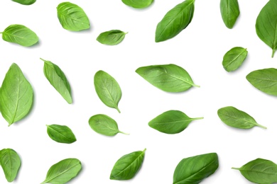 Fresh green basil leaves on white background, top view