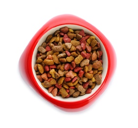 Photo of Red bowl with cat food on white background, top view. Pet care