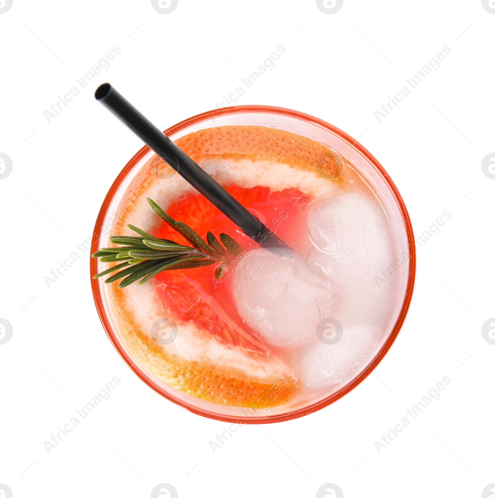 Photo of Glass of grapefruit cocktail isolated on white, top view