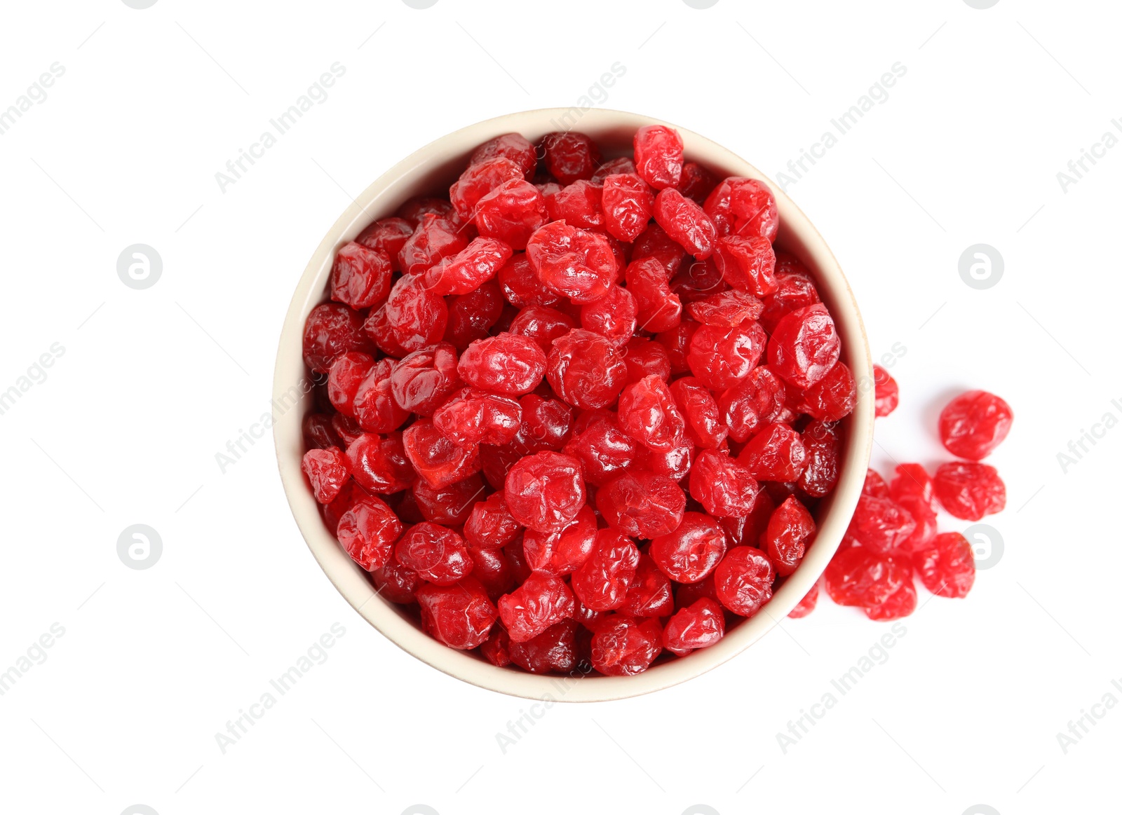 Photo of Bowl with tasty cherries on white background, top view. Dried fruits as healthy food