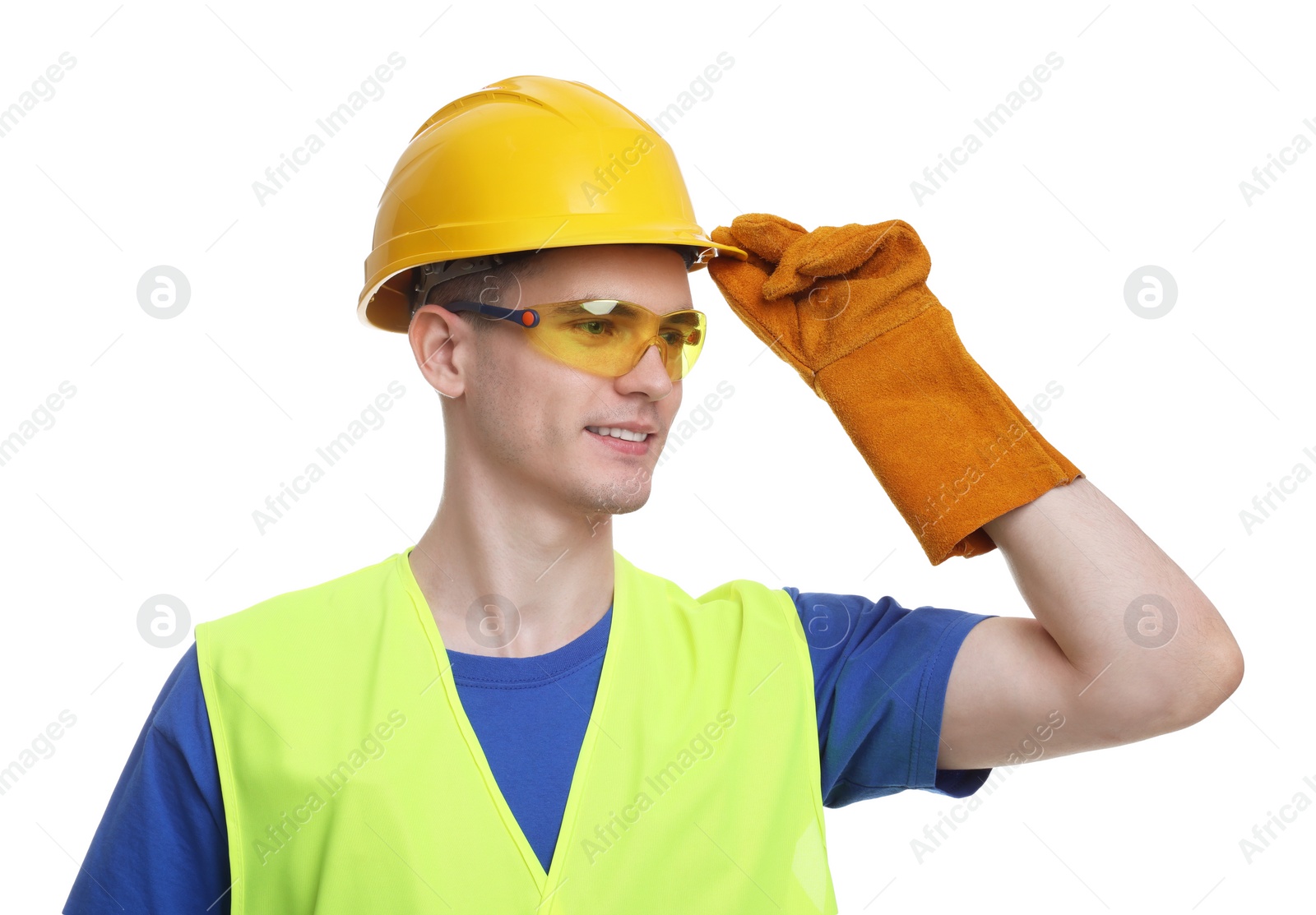 Photo of Young man wearing safety equipment on white background