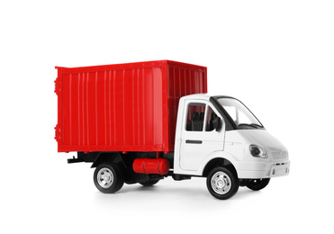 Photo of Toy truck isolated on white. Logistics and wholesale concept