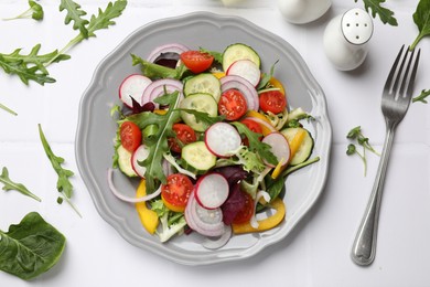 Photo of Balanced diet and vegetarian foods. Plate with different delicious products on white tiled table, flat lay