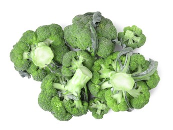 Pile of fresh raw green broccoli isolated on white, top view