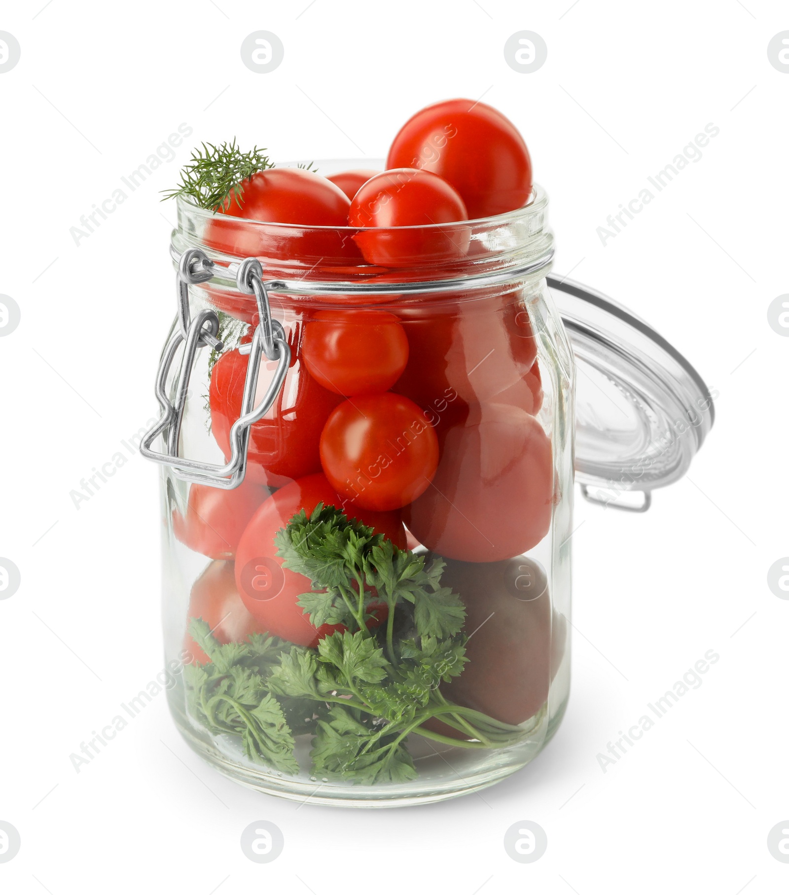 Photo of Pickling jar with fresh ripe cherry tomatoes isolated on white