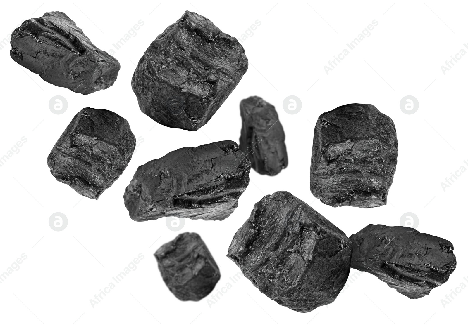 Image of Different pieces of coal falling on white background, collage design