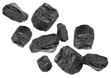 Image of Different pieces of coal falling on white background, collage design