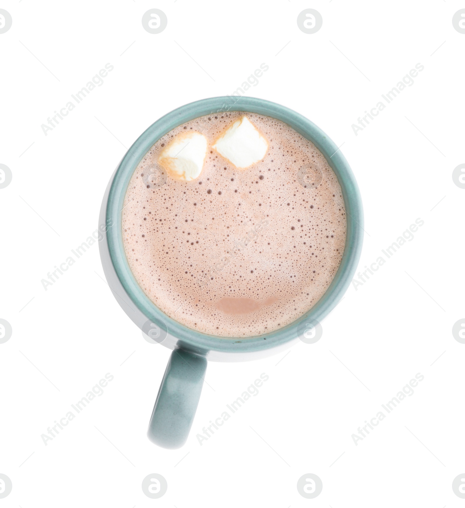 Photo of Delicious cocoa drink with marshmallows in blue cup on white background, top view