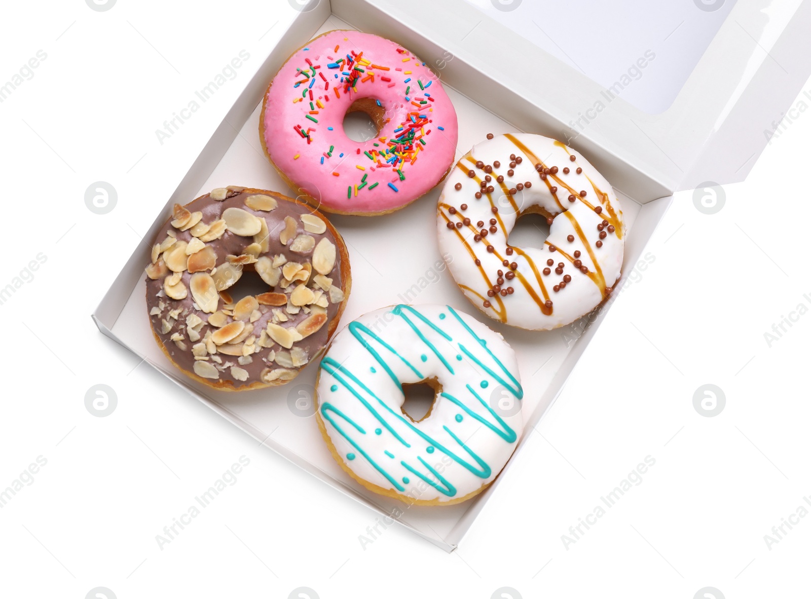 Photo of Box with tasty glazed donuts isolated on white, top view
