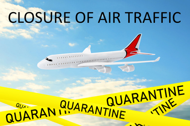Image of Closure of air traffic through quarantine during coronavirus outbreak. Airplane in blue sky and yellow awareness ribbons 