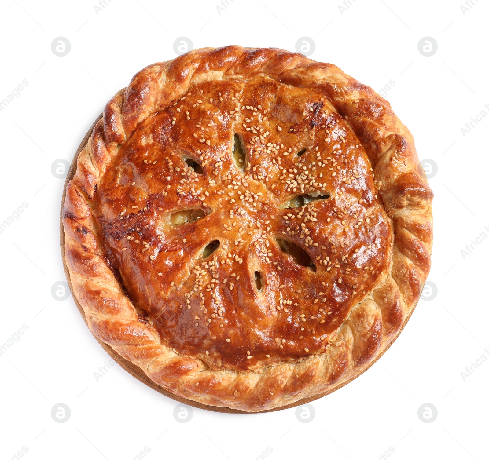 Photo of Tasty homemade pie with filling isolated on white, top view