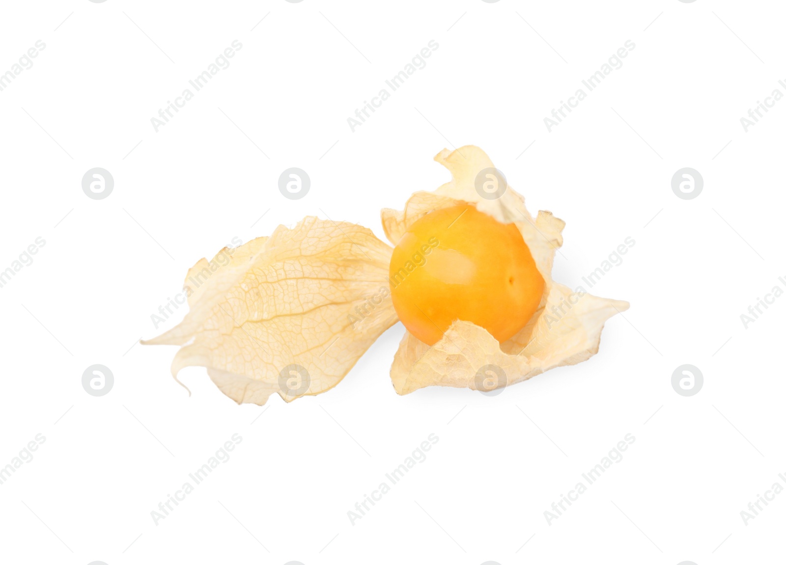 Photo of Ripe physalis fruit with calyx isolated on white, top view