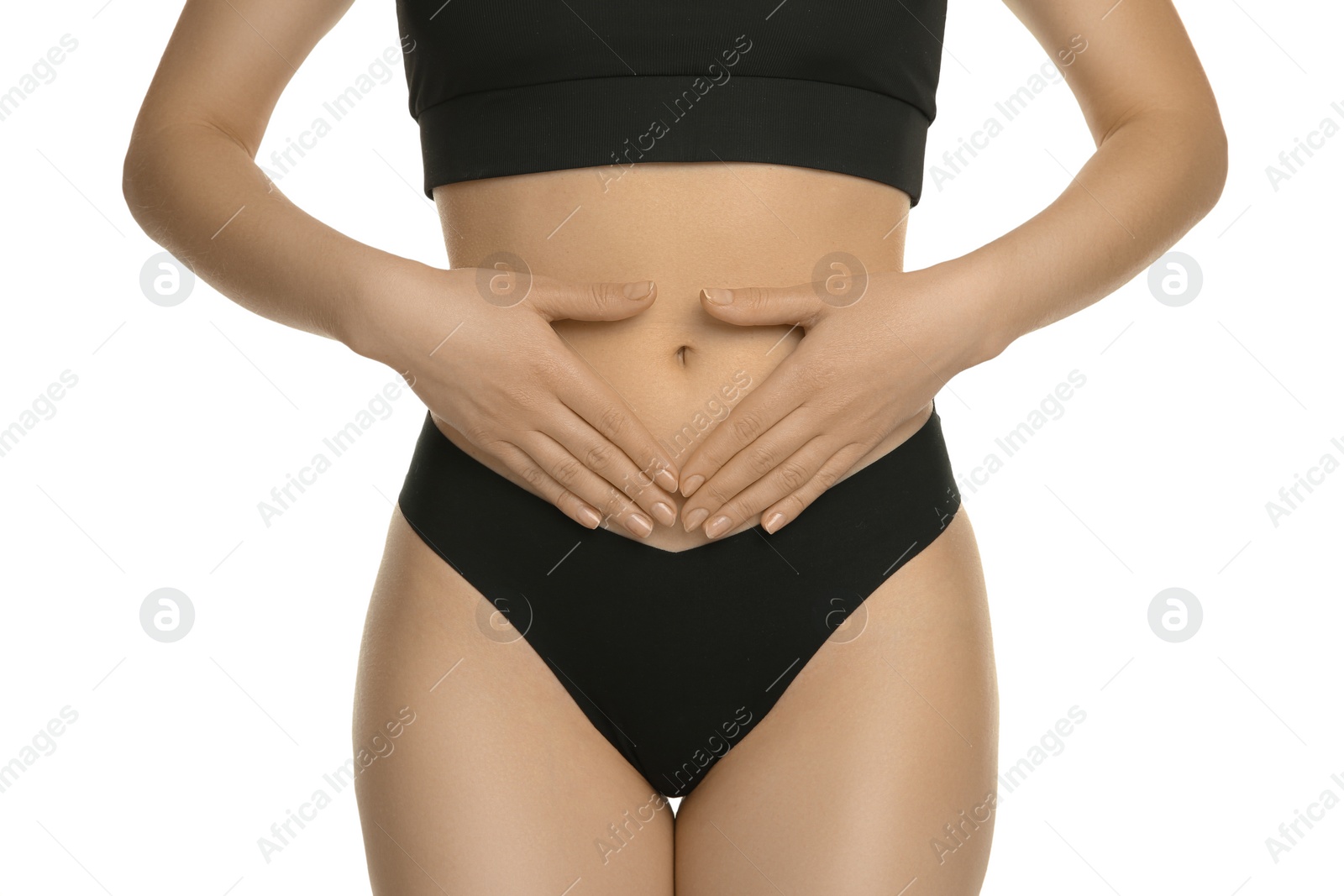 Photo of Gynecology. Woman in underwear on white background, closeup