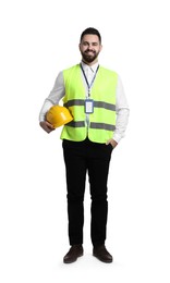 Engineer with hard hat and badge on white background