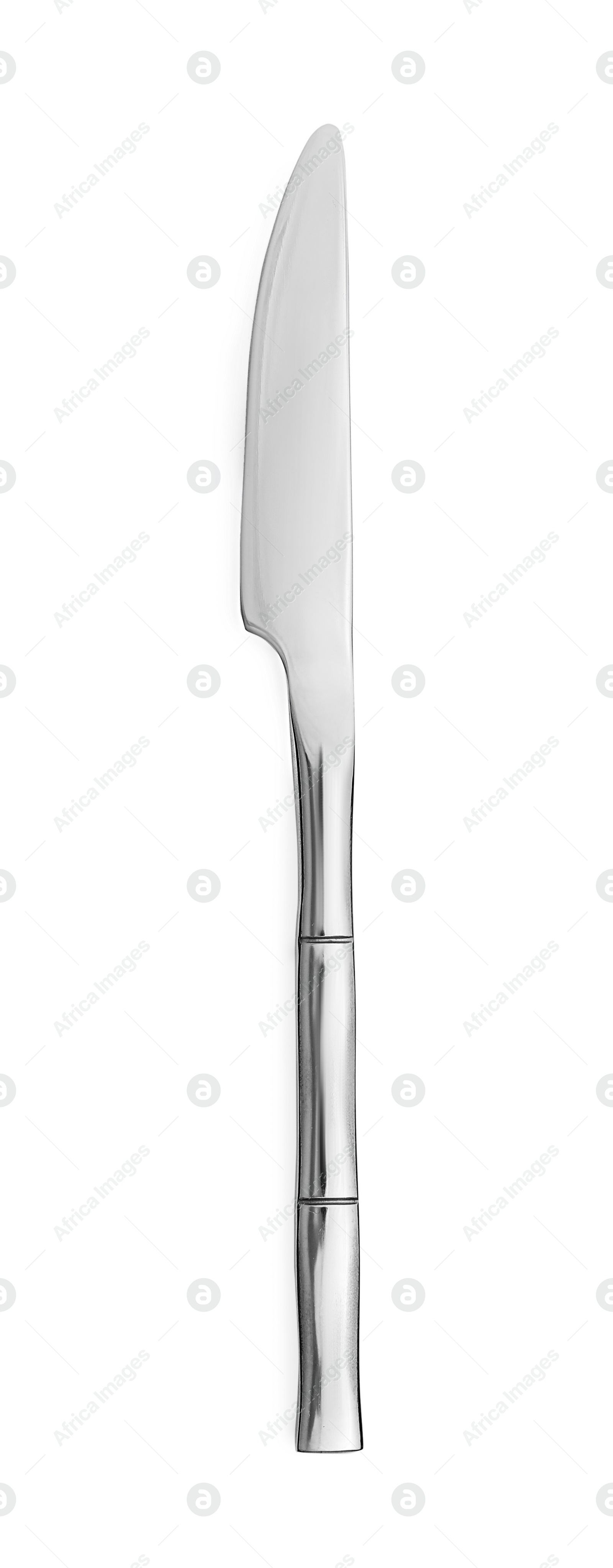 Photo of One new shiny knife isolated on white, top view