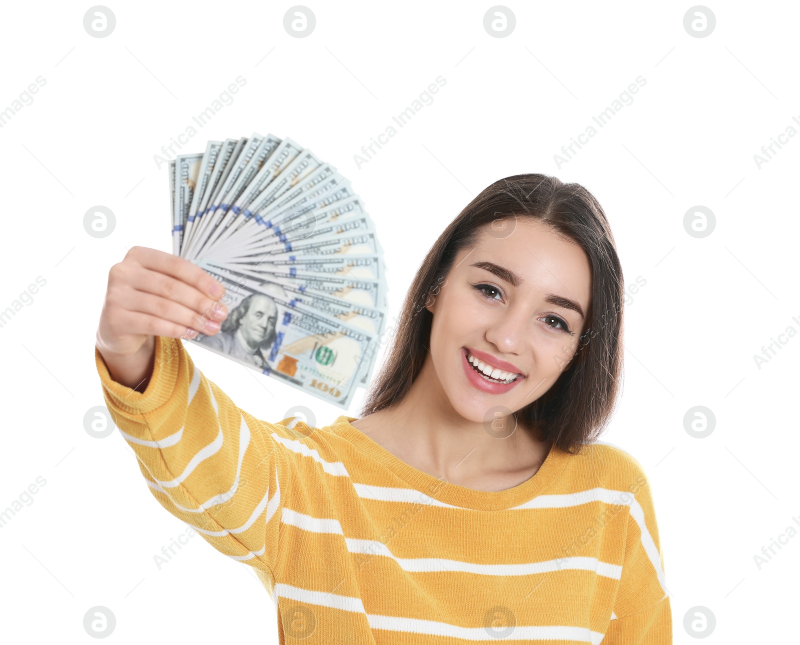 Photo of Portrait of happy young woman with money on white background