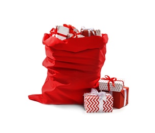 Photo of Santa Claus red bag full of presents on white background