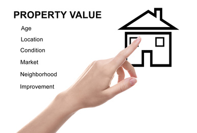 Image of Real estate agent showing house illustration on white background, closeup. Property value concept