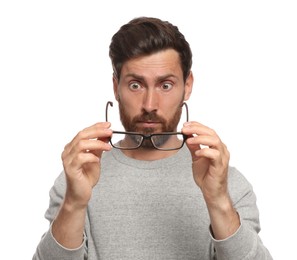 Photo of Man suffering from eyestrain on white background