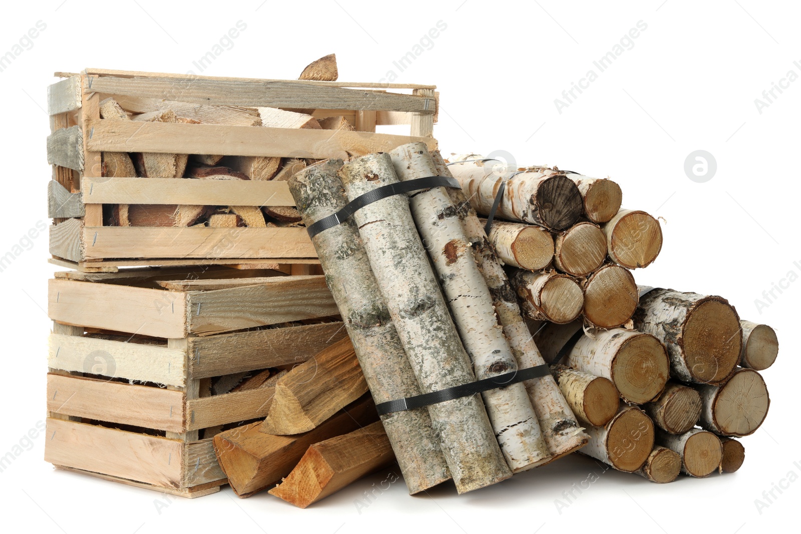 Photo of Cut firewood on white background. Heating in winter