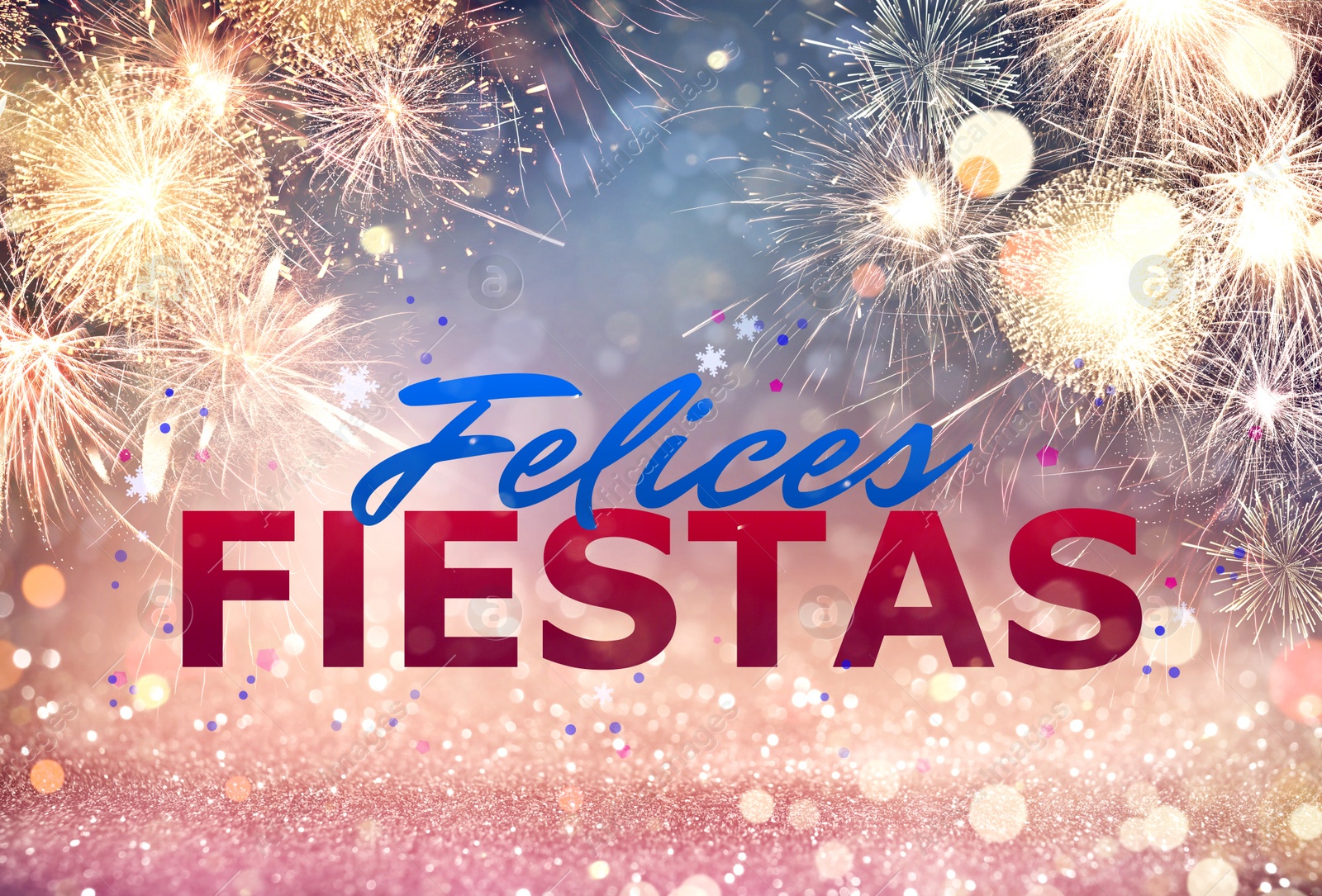 Image of Felices Fiestas. Festive greeting card with happy holiday's wishes in Spanish on bright background