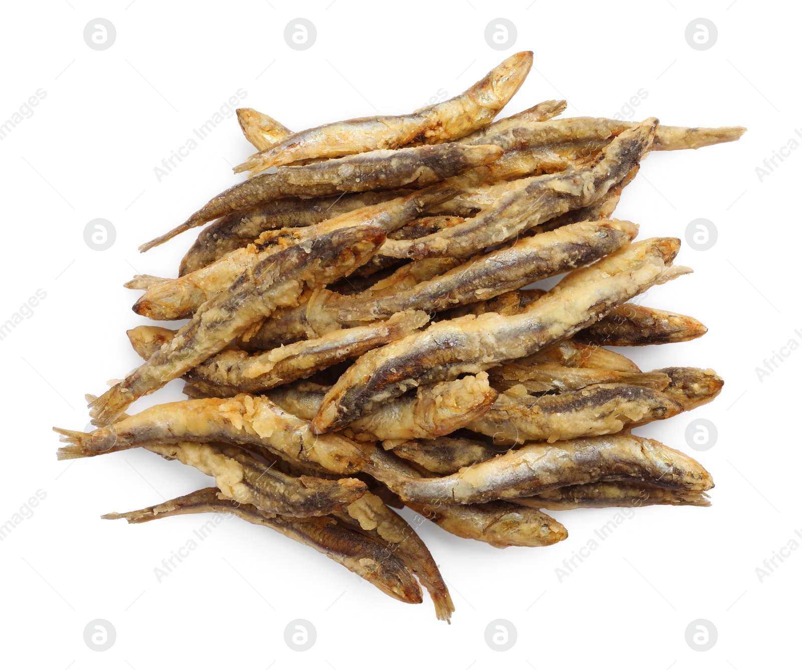 Photo of Pile of delicious fried anchovies on white background, top view