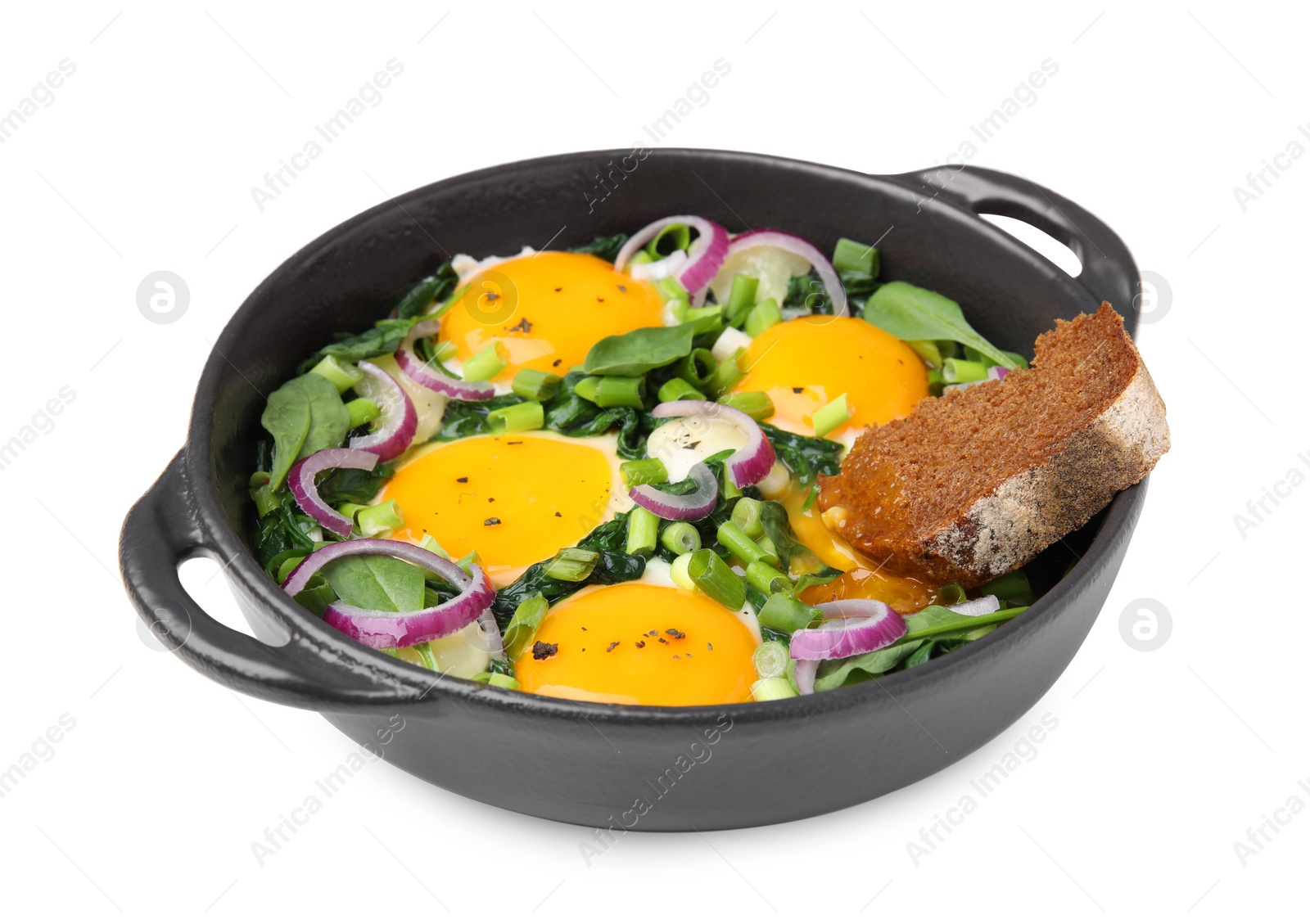 Photo of Tasty shakshuka with piece of bread isolated on white, closeup