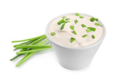 Photo of Fresh sour cream with onion on white background