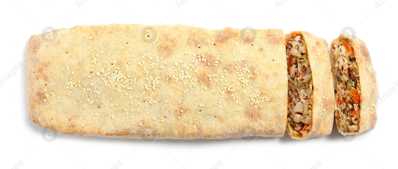 Photo of Delicious strudel with chicken and vegetables isolated on white, top view