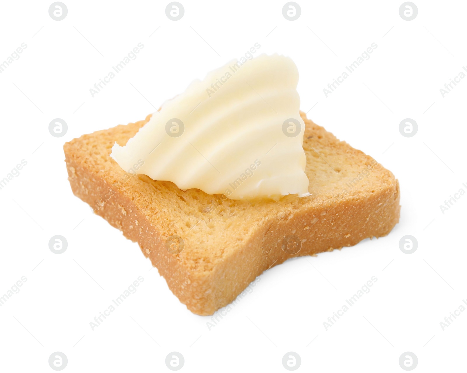 Photo of Tasty butter curl and piece of dry bread isolated on white