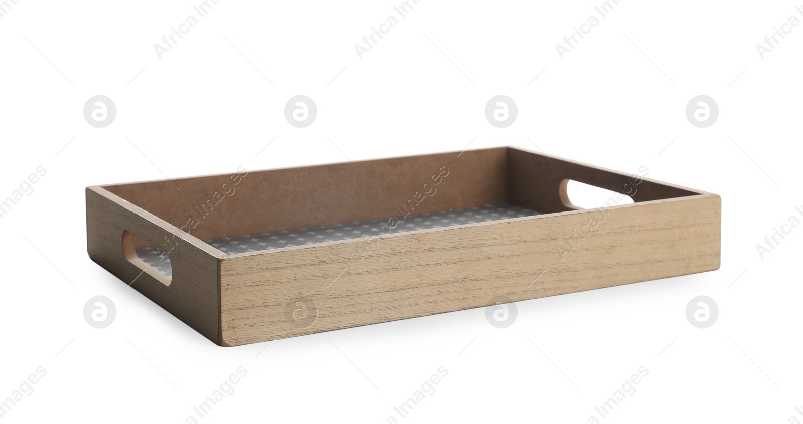 Photo of One empty wooden tray isolated on white