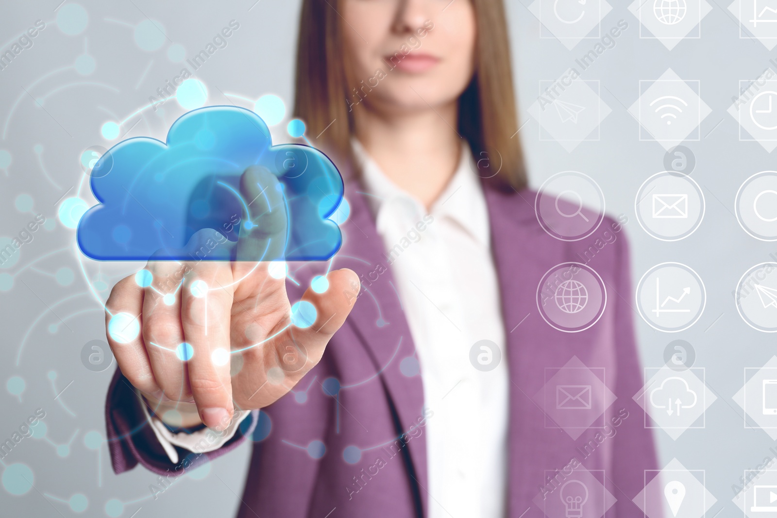 Image of Young woman touching icon of cloud on virtual screen. Modern technology