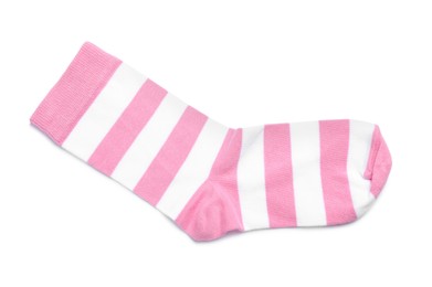 Photo of Striped pink sock isolated on white, top view