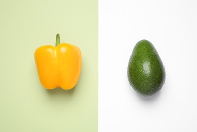 Photo of Bell pepper and avocado on color background, flat lay. Fresh vegetables