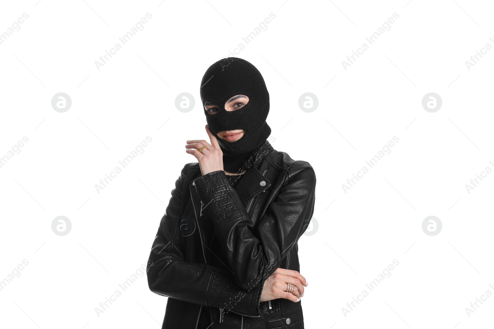 Photo of Woman wearing knitted balaclava on white background