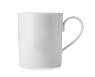 Photo of Ceramic cup with space for text on white background. Washing dishes