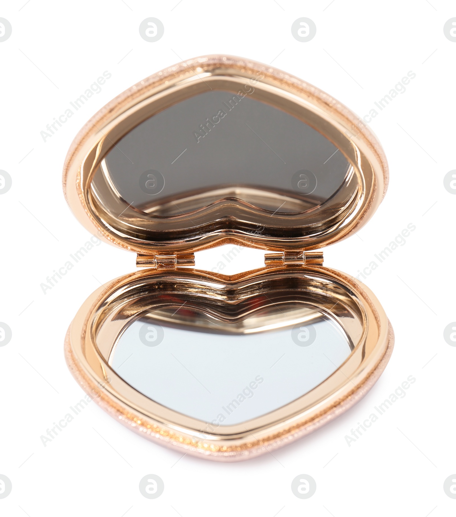Photo of Stylish gold pocket mirror on white background