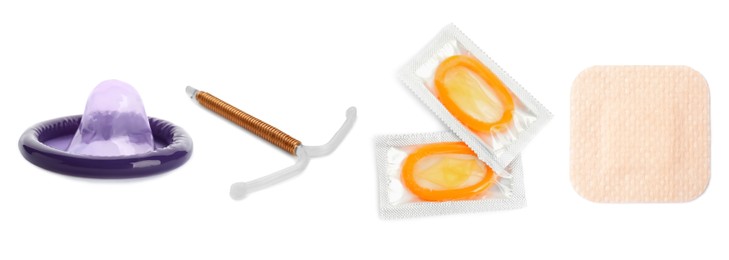 Contraceptive patch, condoms and intrauterine device isolated on white. Different birth control methods
