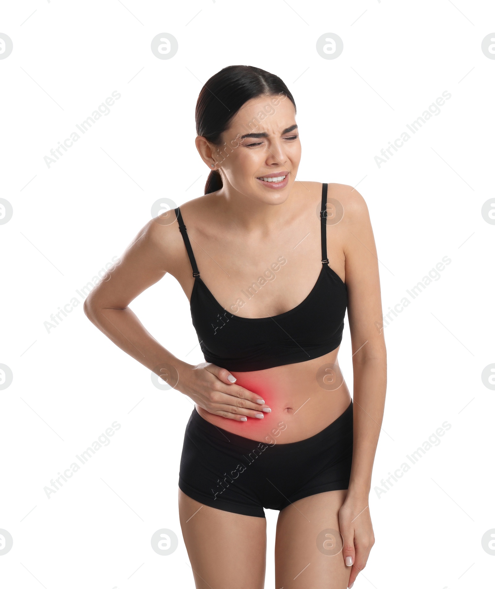 Photo of Woman suffering from liver pain on white background