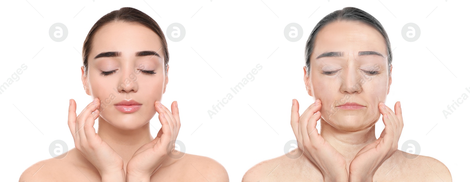 Image of Collage with photos of woman in different ages on white background