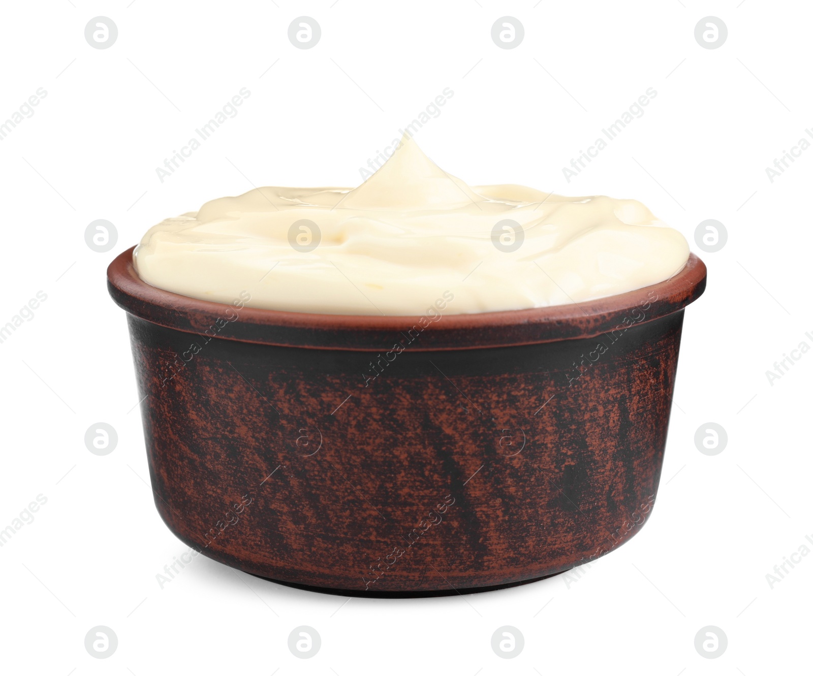 Photo of Fresh mayonnaise sauce in bowl isolated on white