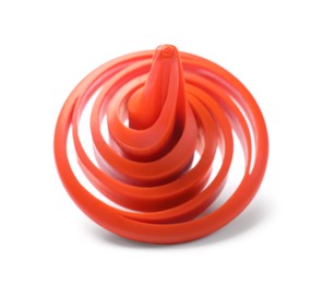 Photo of One orange spinning top on white background