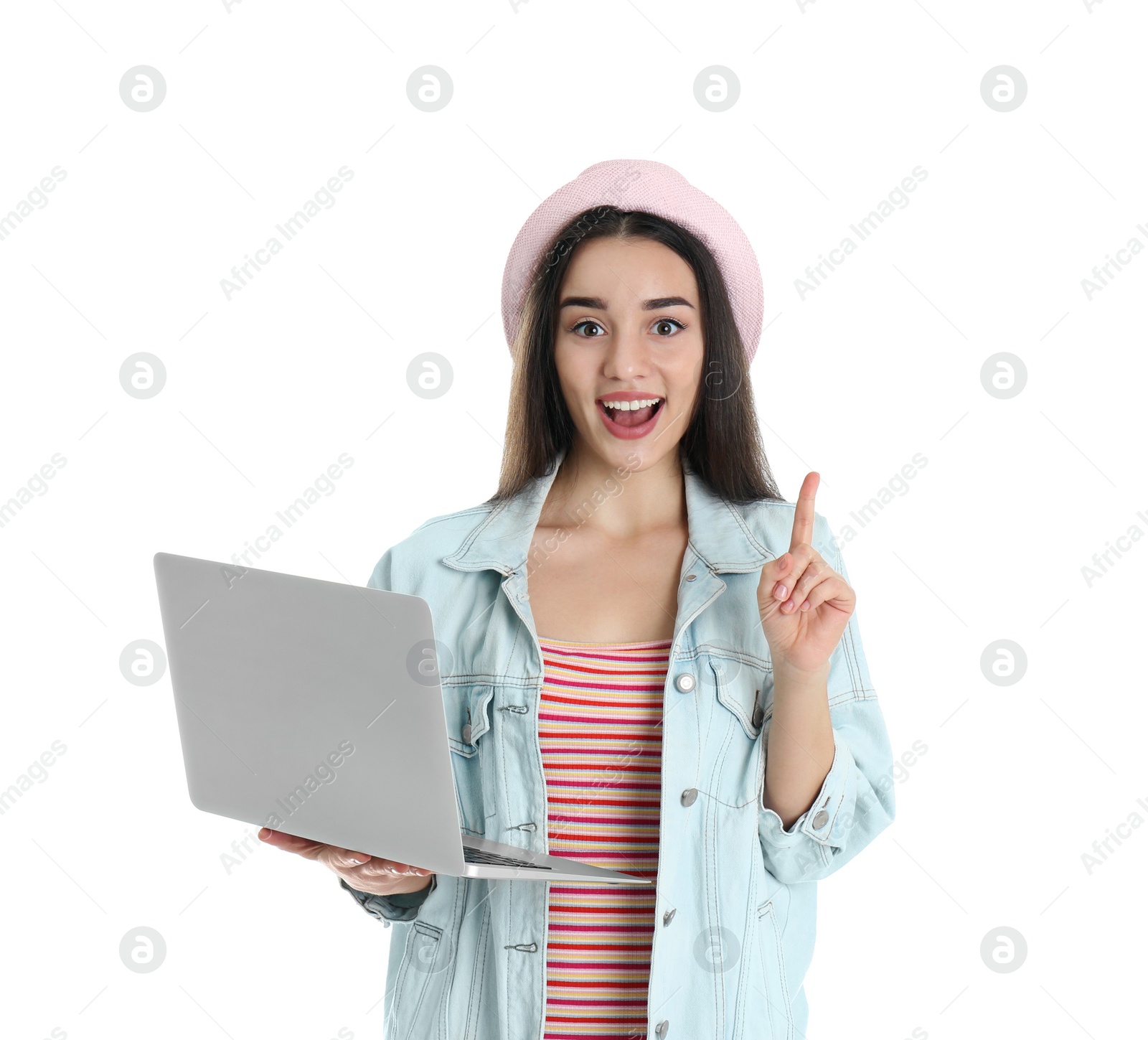 Photo of Portrait of young woman in casual outfit with laptop on white background