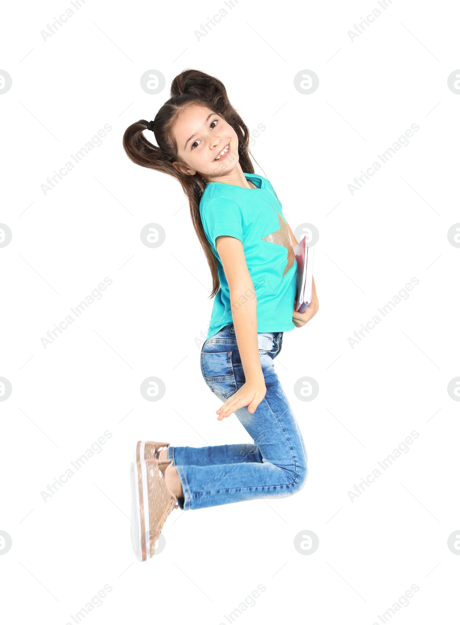 Photo of Little child with school supplies on white background