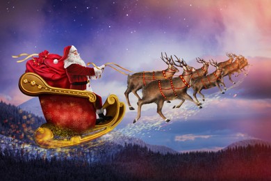 Magic Christmas eve. Santa with reindeers flying in sky  