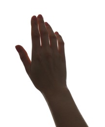 Photo of Freedom concept. Woman showing her hand on white background, closeup