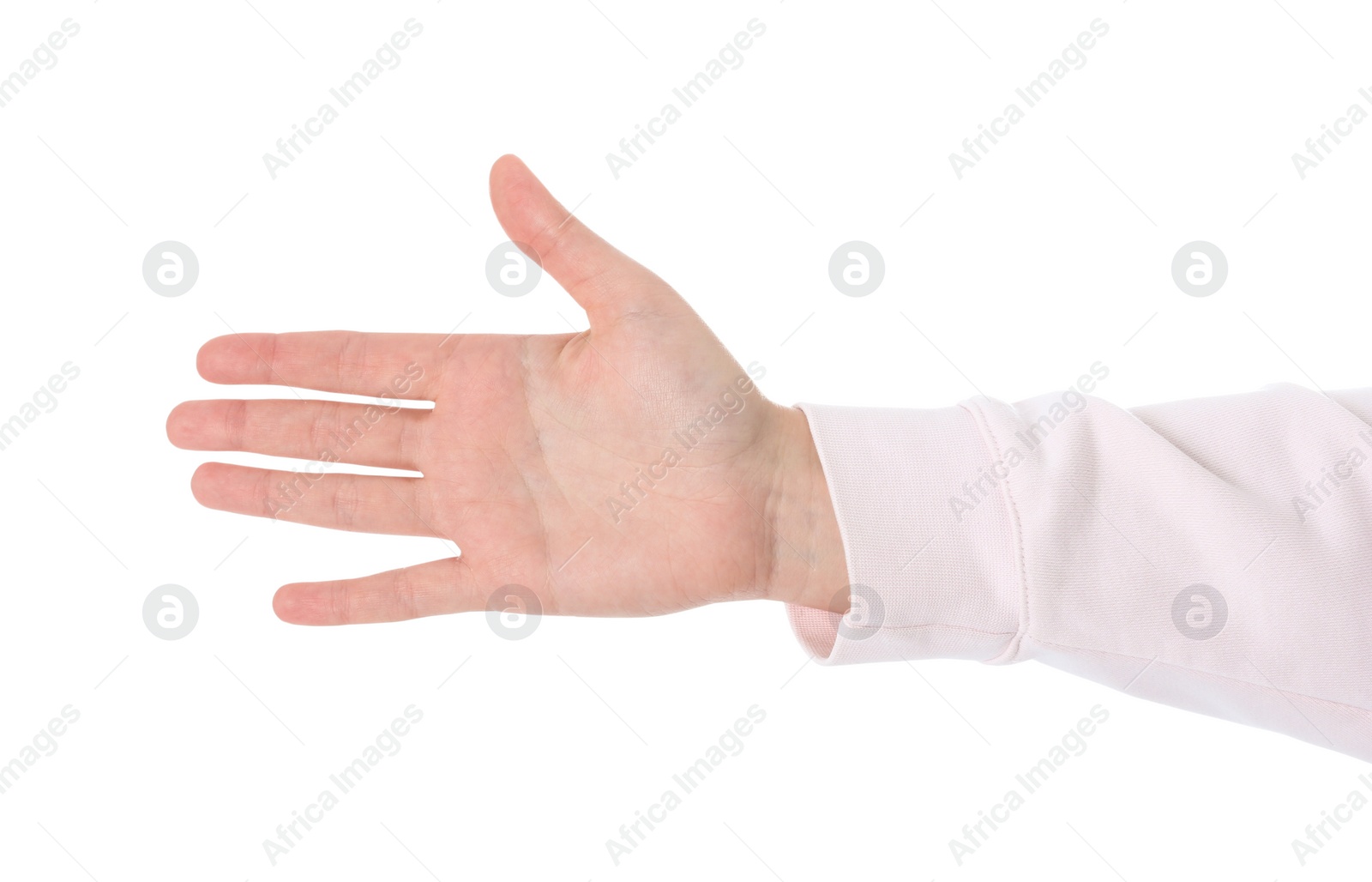 Photo of Young woman against white background, closeup on hand