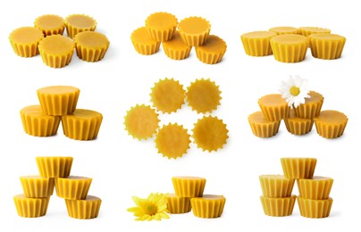 Image of Set with natural organic beeswax on white background
