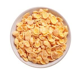 Photo of Bowl of tasty crispy corn flakes isolated on white, top view